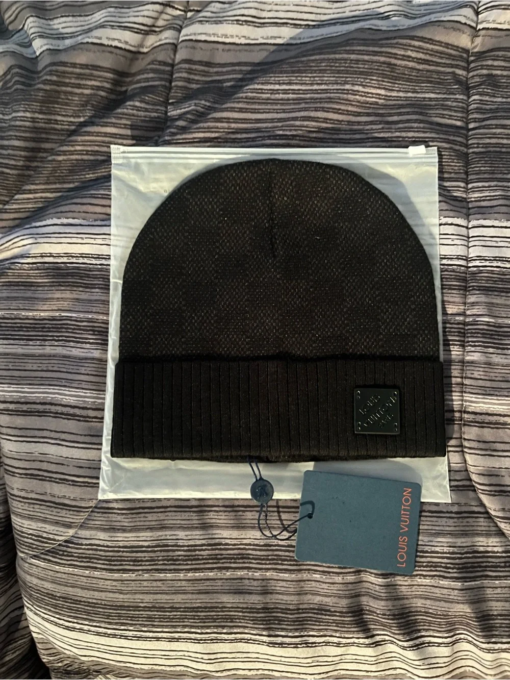 Louis Vuitton Black Ribbed Cuff Beanie with Logo Patch